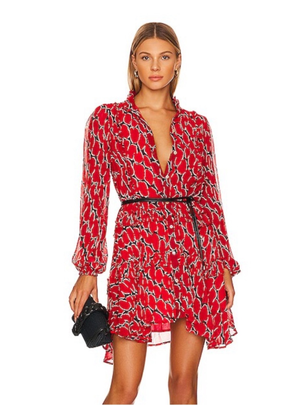 Karina Grimaldi Trina Red Stone Ruffle Mini Dress XS